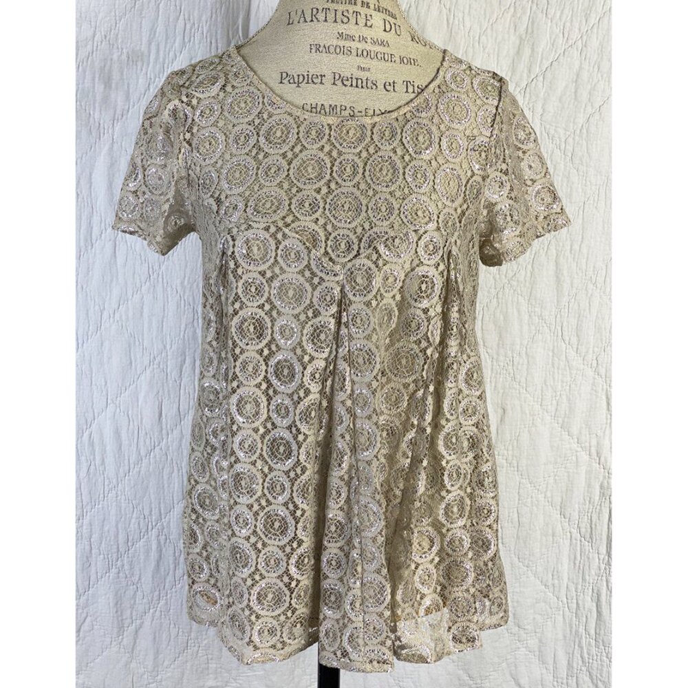Anthro Akemi + Kin Silver Nude Blouse Lyra Metallic Sheer Boho Lace Blouse